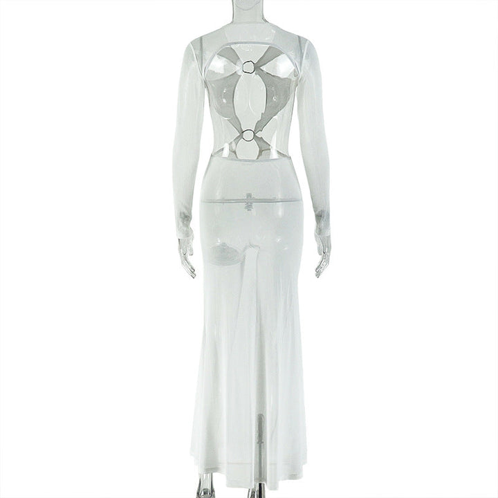 Hollow out o ring long sleeve mesh cut out maxi dress  | Festival Outfits Women