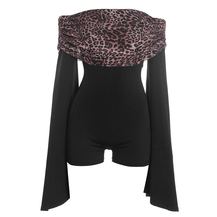 Long flared sleeve off shoulder leopard print romper  | Festival Outfits Women