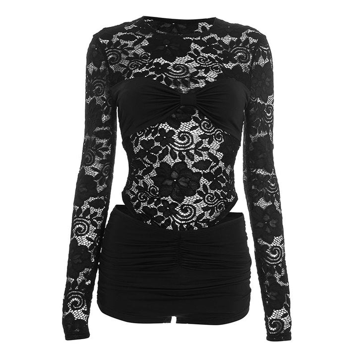 Lace long sleeve crewneck ruched low rise pant set  | Festival Outfits Women