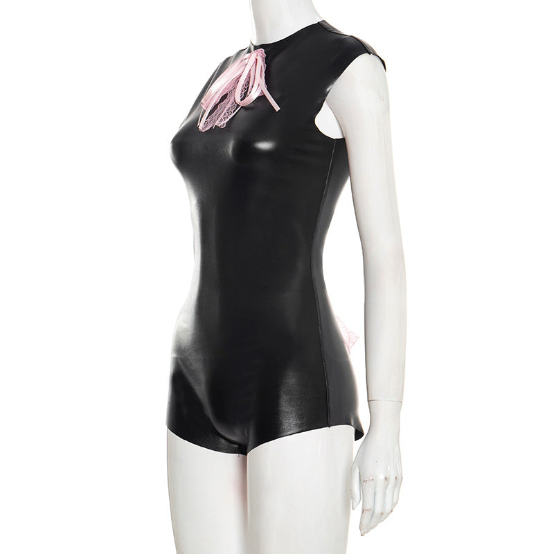 Crewneck bowknot zip-up sleeveless romper  | Festival Outfits Women