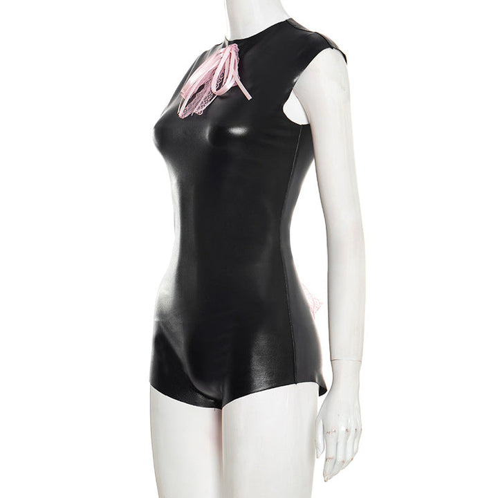 Crewneck bowknot zip-up sleeveless romper  | Festival Outfits Women