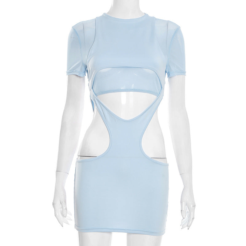Hollow out crewneck short sleeve mesh cut out mini dress  | Festival Outfits Women