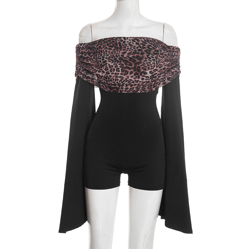 Long flared sleeve off shoulder leopard print romper  | Festival Outfits Women