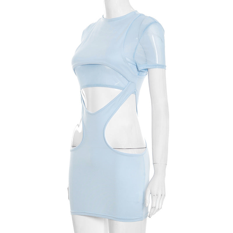 Hollow out crewneck short sleeve mesh cut out mini dress  | Festival Outfits Women