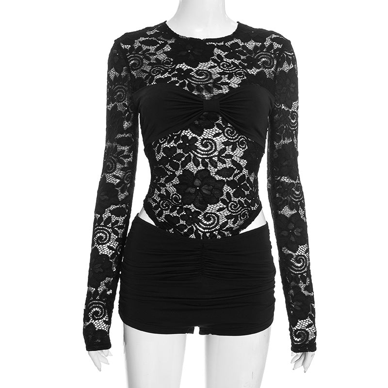 Lace long sleeve crewneck ruched low rise pant set  | Festival Outfits Women