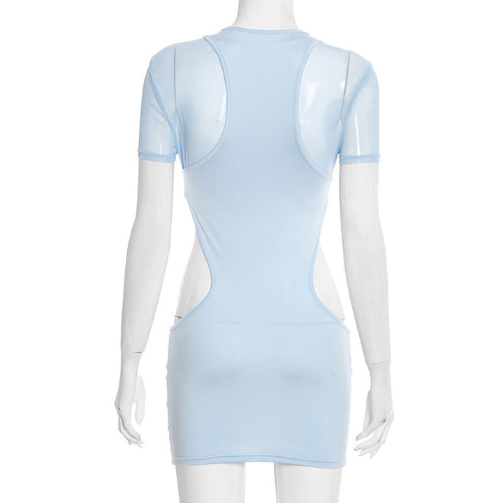 Hollow out crewneck short sleeve mesh cut out mini dress  | Festival Outfits Women