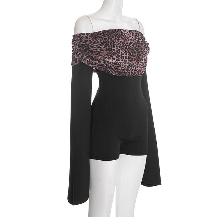 Long flared sleeve off shoulder leopard print romper  | Festival Outfits Women