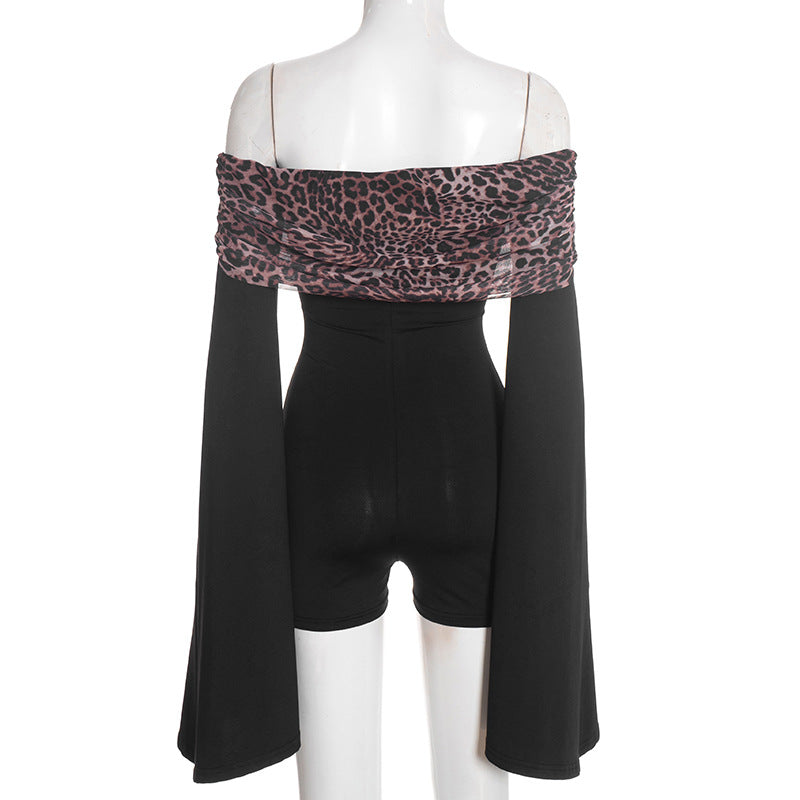 Long flared sleeve off shoulder leopard print romper  | Festival Outfits Women