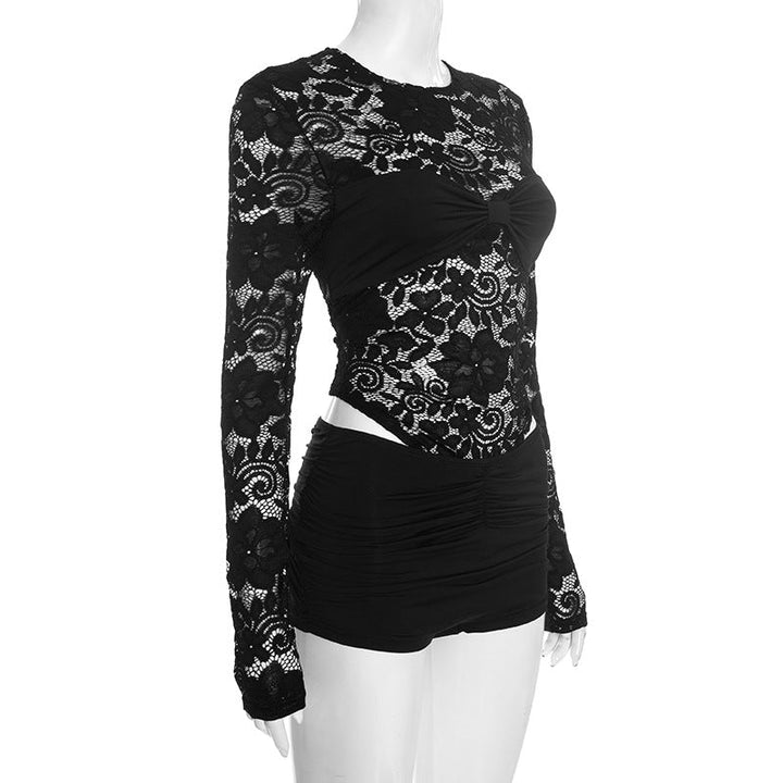 Lace long sleeve crewneck ruched low rise pant set  | Festival Outfits Women