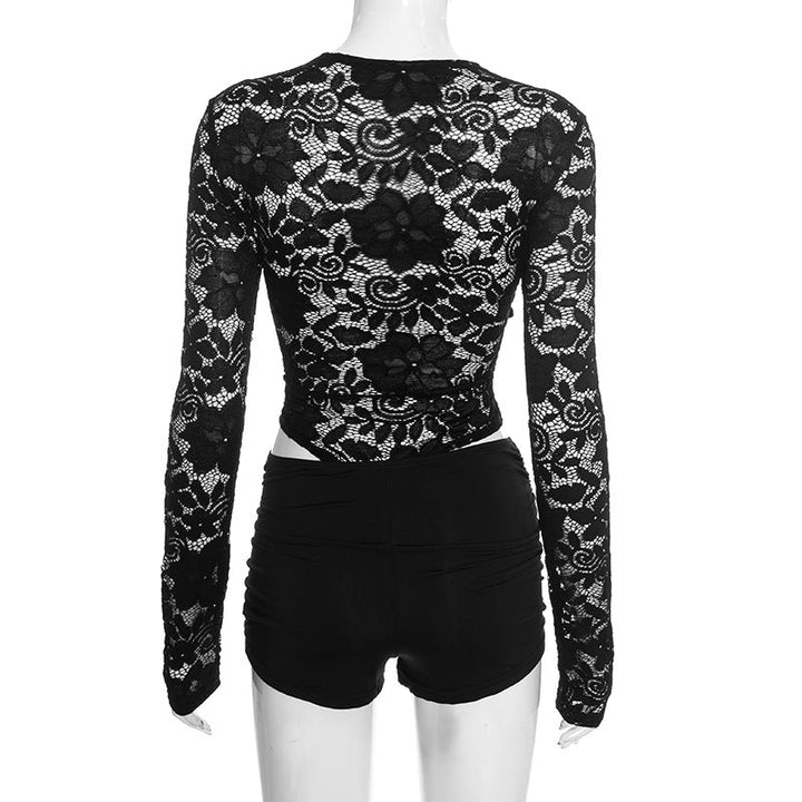 Lace long sleeve crewneck ruched low rise pant set  | Festival Outfits Women