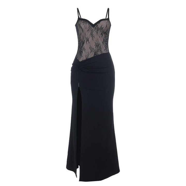 Lace hem v neck ruched slit cami maxi dress  | Festival Outfits Women