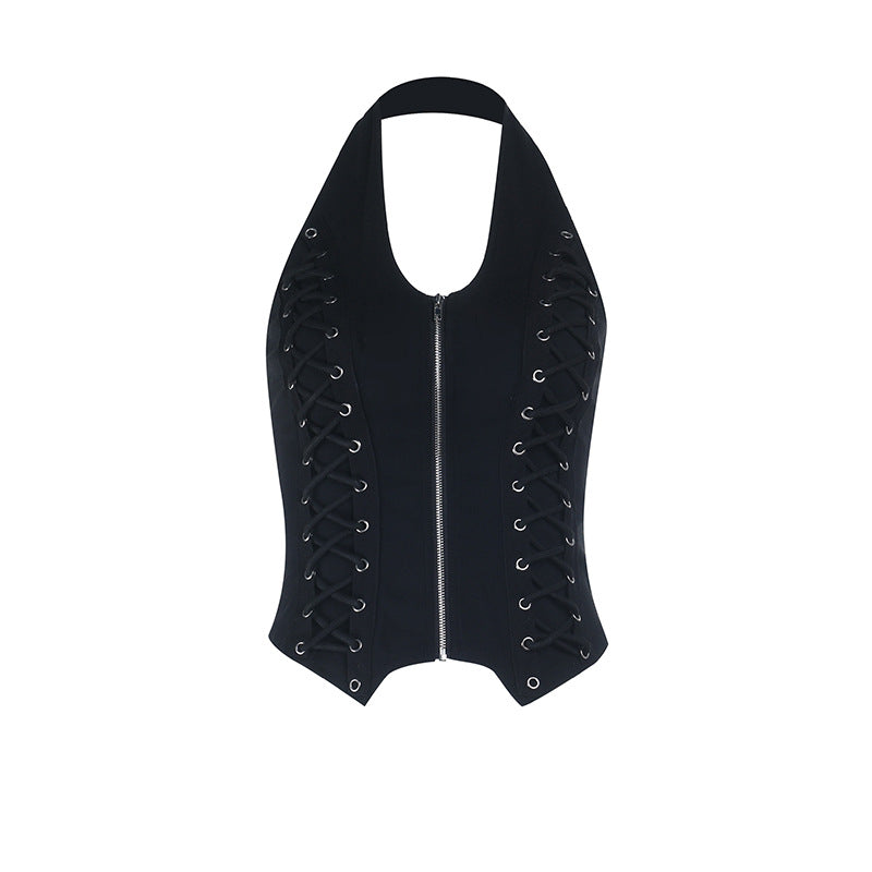 Halter u neck zip-up backless solid top  | Festival Outfits Women