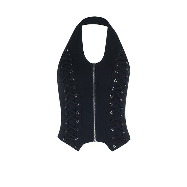 Halter u neck zip-up backless solid top  | Festival Outfits Women