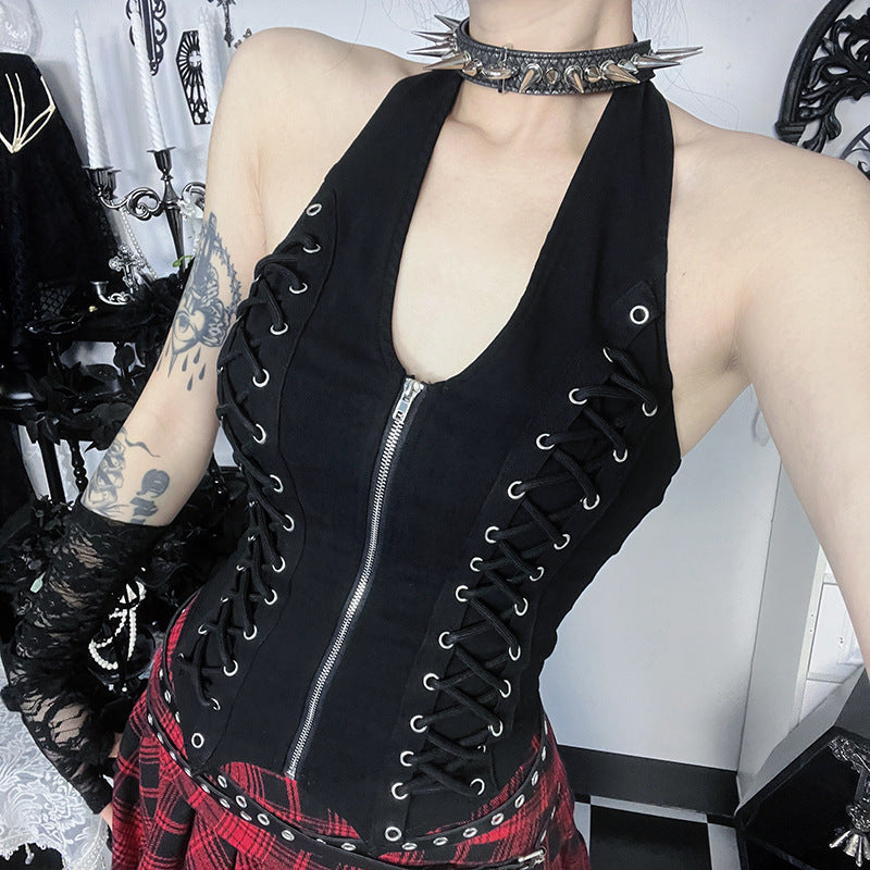 Halter u neck zip-up backless solid top  | Festival Outfits Women