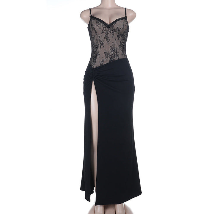 Lace hem v neck ruched slit cami maxi dress  | Festival Outfits Women