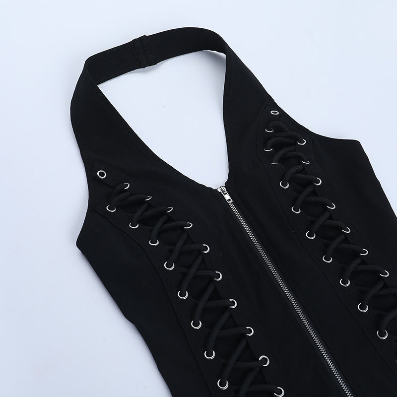 Halter u neck zip-up backless solid top  | Festival Outfits Women