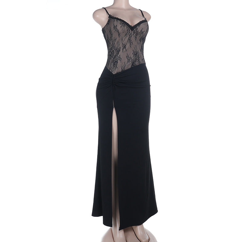 Lace hem v neck ruched slit cami maxi dress  | Festival Outfits Women