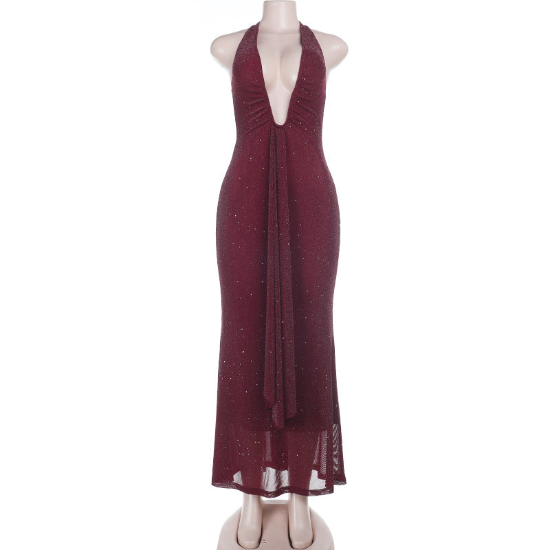 Self tie halter deep v neck backless maxi dress  | Festival Outfits Women