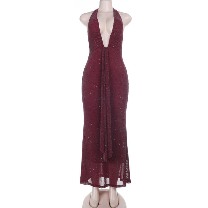 Self tie halter deep v neck backless maxi dress  | Festival Outfits Women