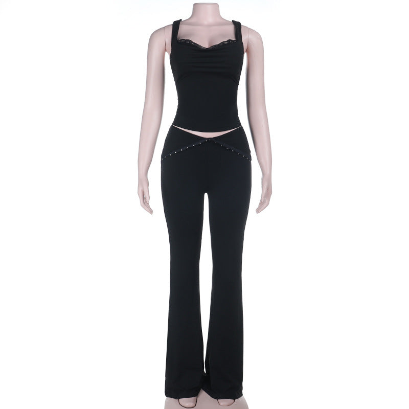 V neck lace hem low rise backless cami pant set  | Festival Outfits Women