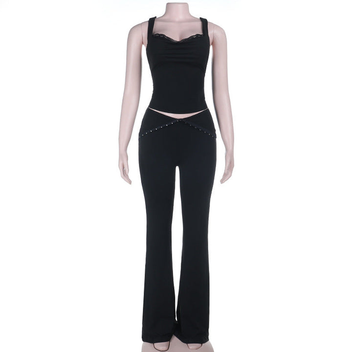 V neck lace hem low rise backless cami pant set  | Festival Outfits Women