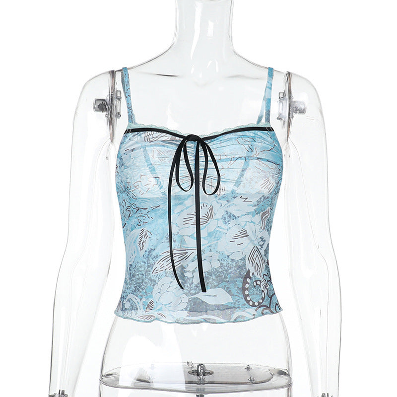 Lace hem self tie print mesh backless cami top  | Festival Outfits Women