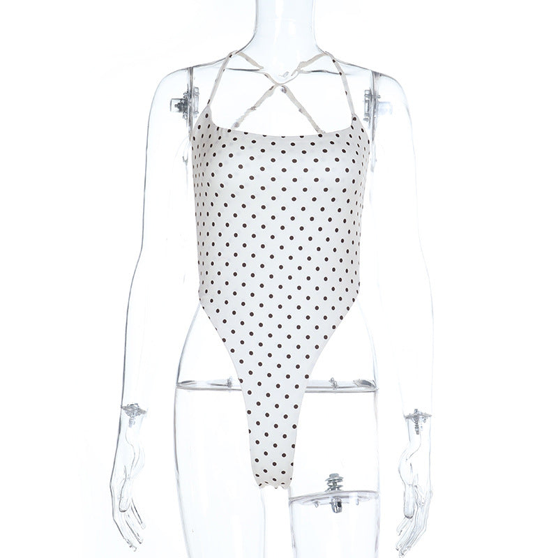 Polka dot u neck cross back backless cami bodysuit  | Festival Outfits Women