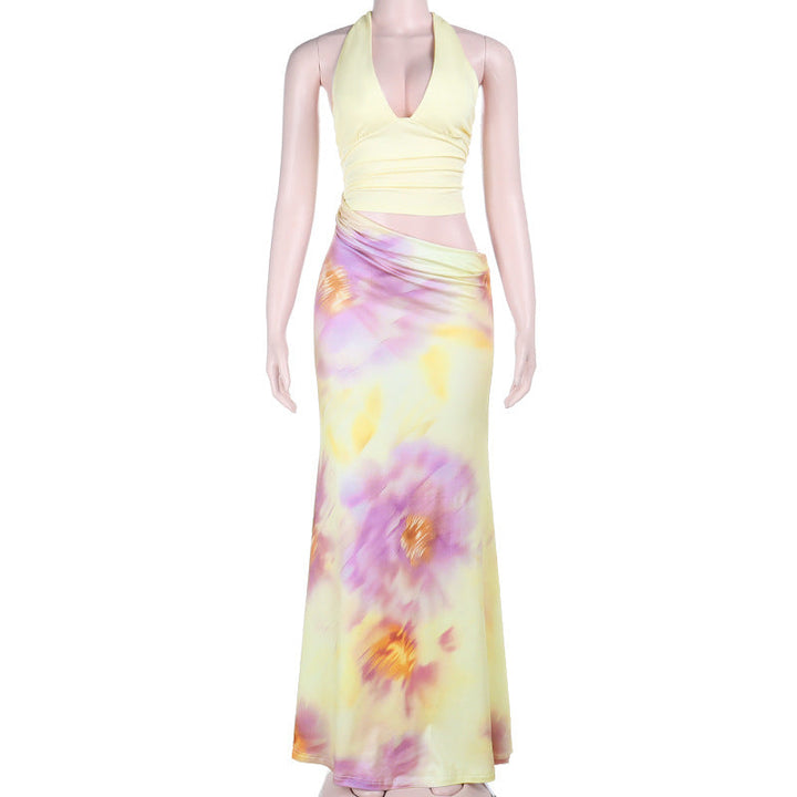 Hollow out v neck self tie halter flower print cut out maxi dress  | Festival Outfits Women