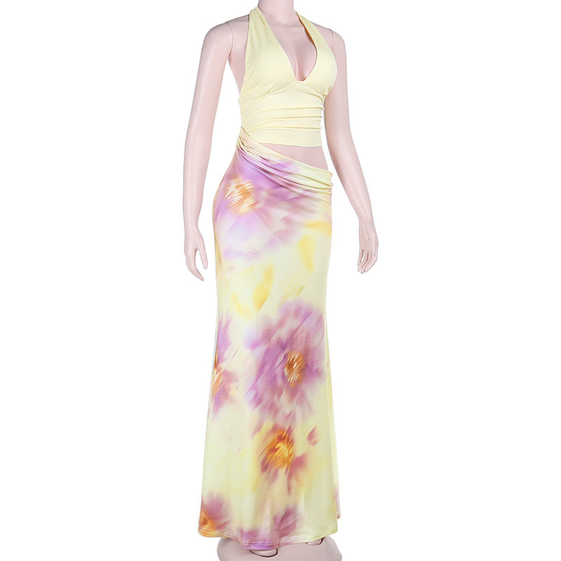 Hollow out v neck self tie halter flower print cut out maxi dress  | Festival Outfits Women