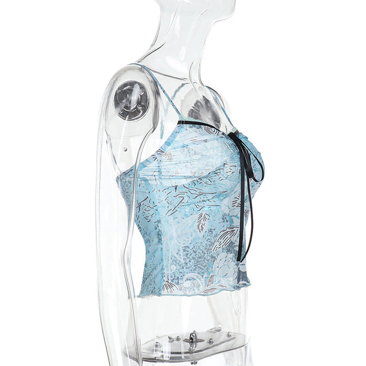 Lace hem self tie print mesh backless cami top  | Festival Outfits Women