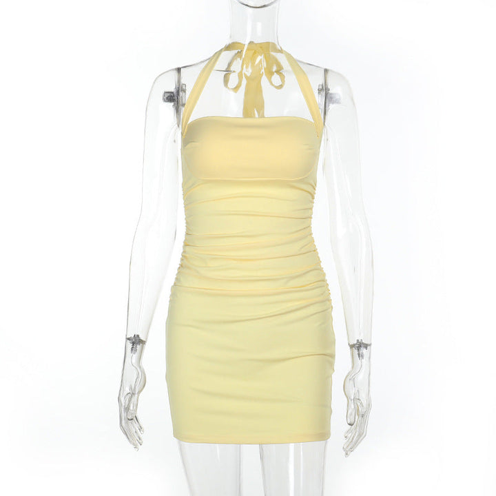 Ruched square neck halter self tie mini dress  | Festival Outfits Women