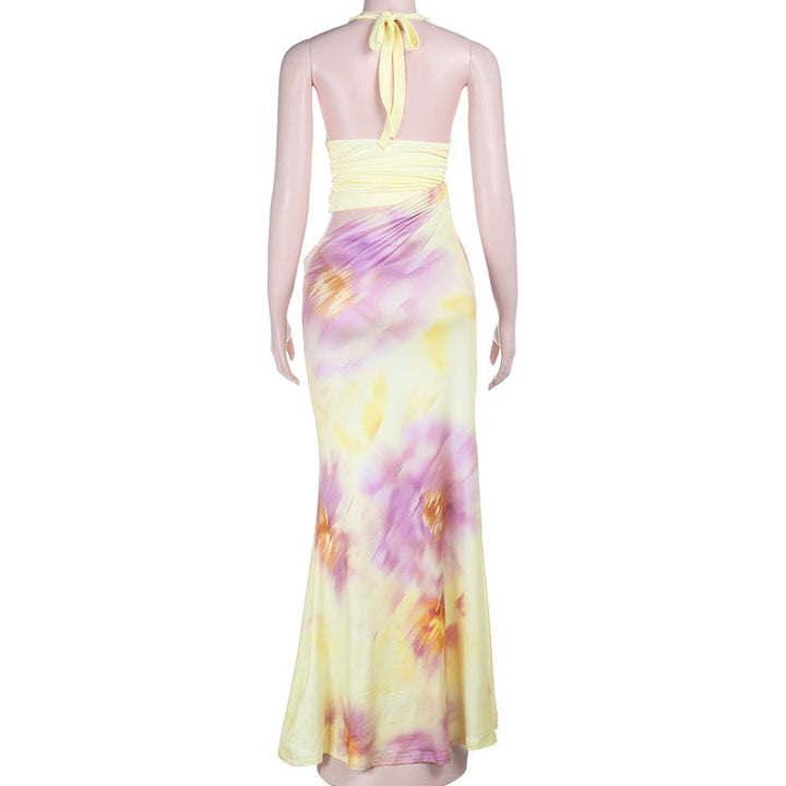 Hollow out v neck self tie halter flower print cut out maxi dress  | Festival Outfits Women