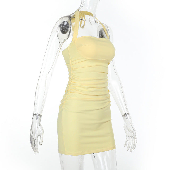 Ruched square neck halter self tie mini dress  | Festival Outfits Women