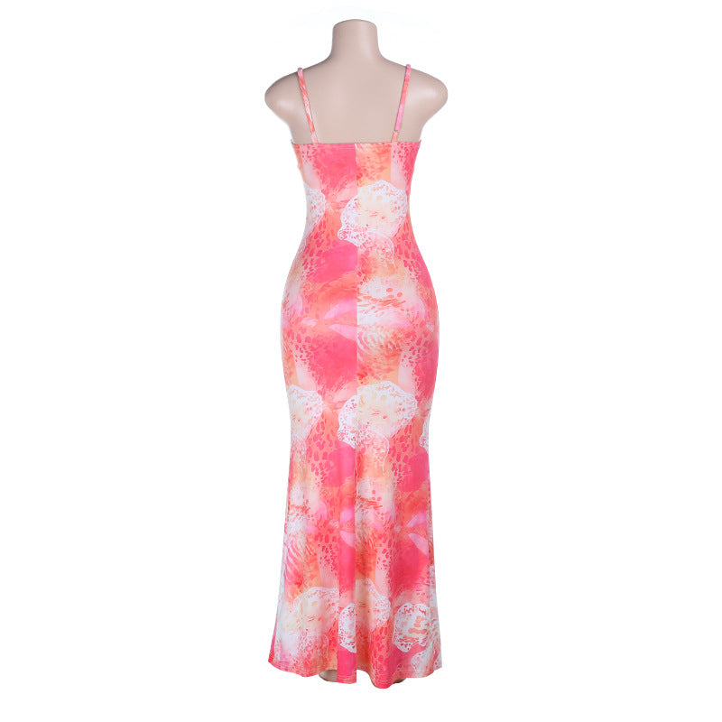 V neck print backless cami maxi dress  | Festival Outfits Women