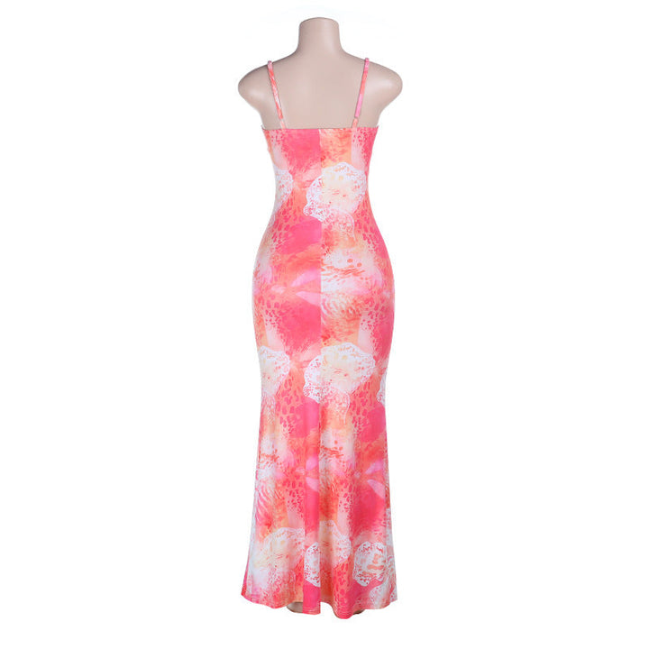 V neck print backless cami maxi dress  | Festival Outfits Women