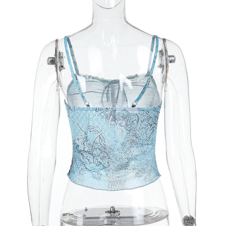 Lace hem self tie print mesh backless cami top  | Festival Outfits Women