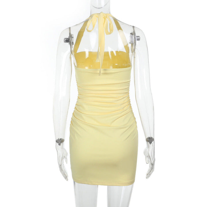 Ruched square neck halter self tie mini dress  | Festival Outfits Women