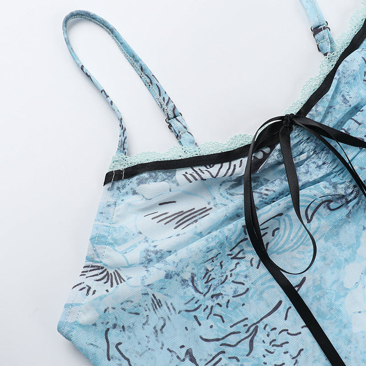 Lace hem self tie print mesh backless cami top  | Festival Outfits Women