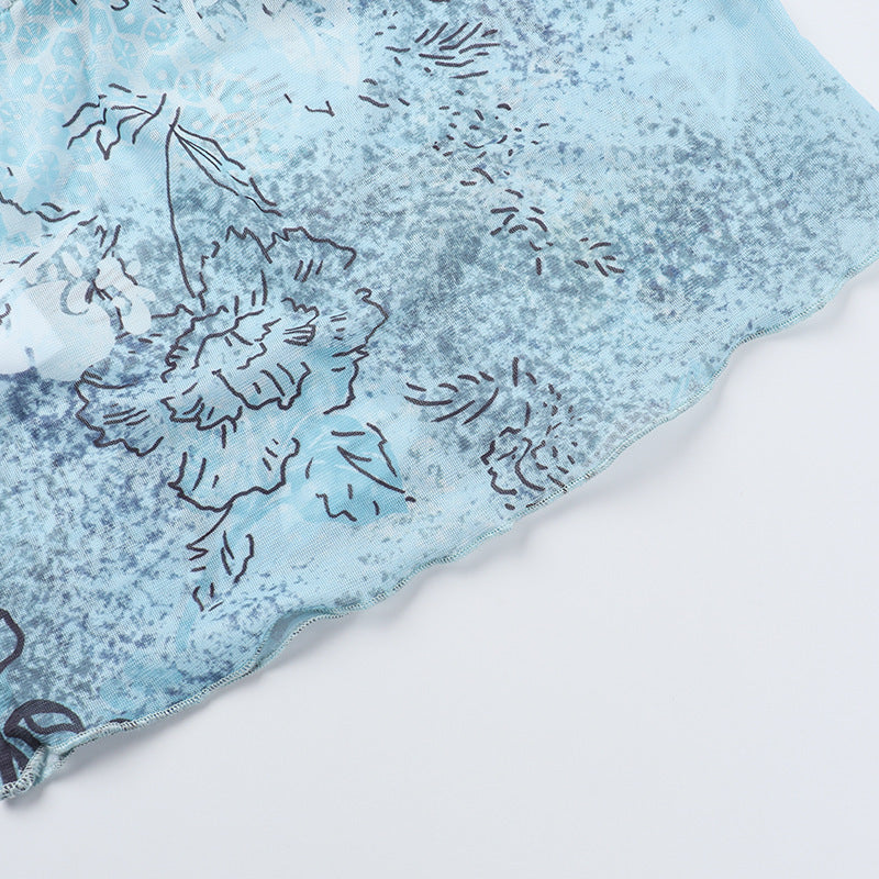 Lace hem self tie print mesh backless cami top  | Festival Outfits Women