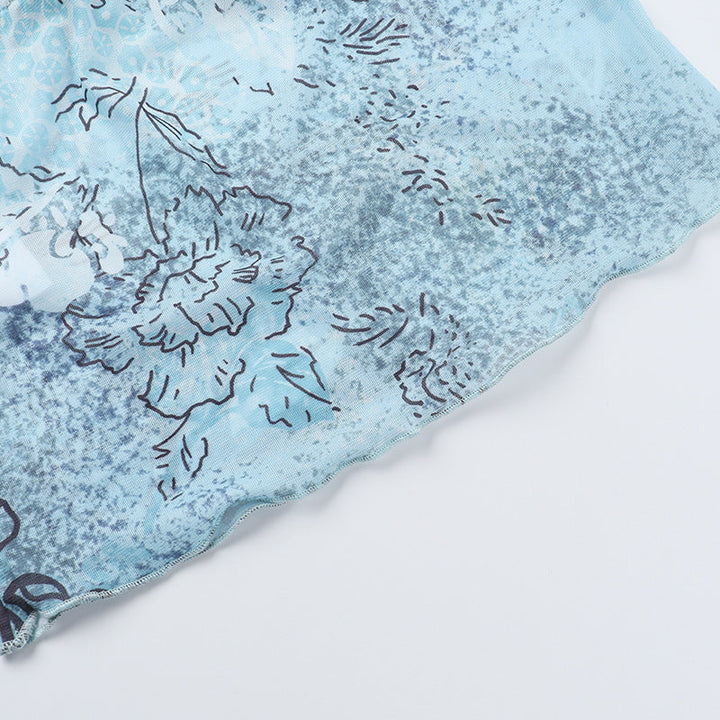 Lace hem self tie print mesh backless cami top  | Festival Outfits Women