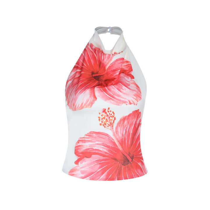 Button halter flower print backless satin top  | Festival Outfits Women