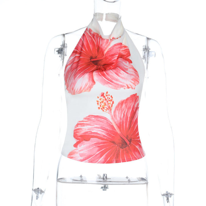 Button halter flower print backless satin top  | Festival Outfits Women