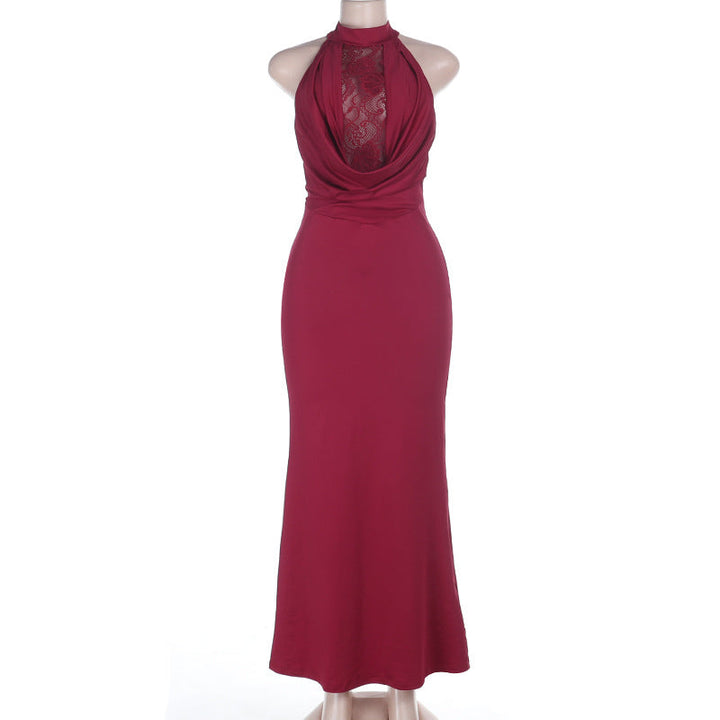 Halter crewneck lace backless solid maxi dress  | Festival Outfits Women