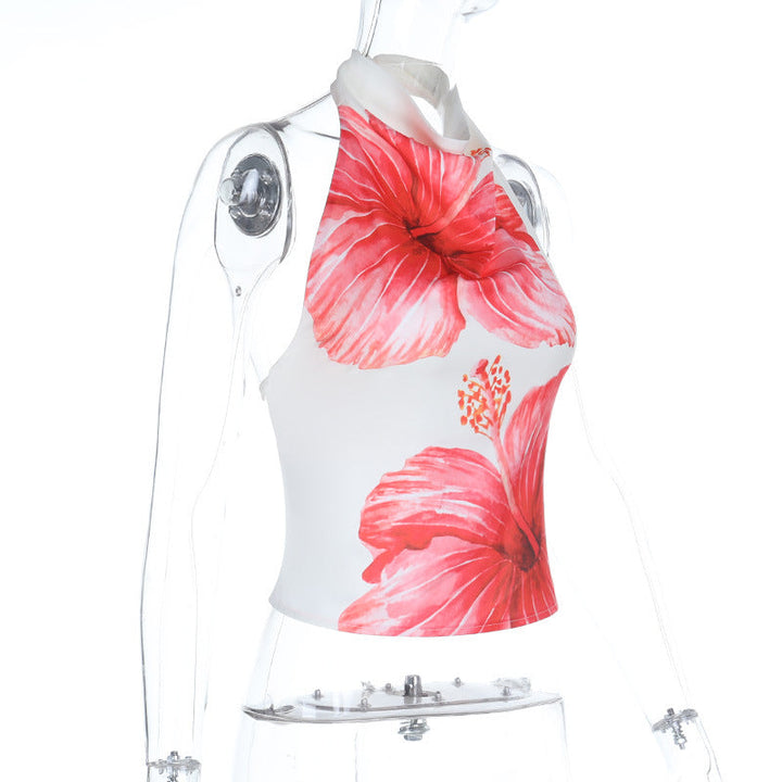 Button halter flower print backless satin top  | Festival Outfits Women
