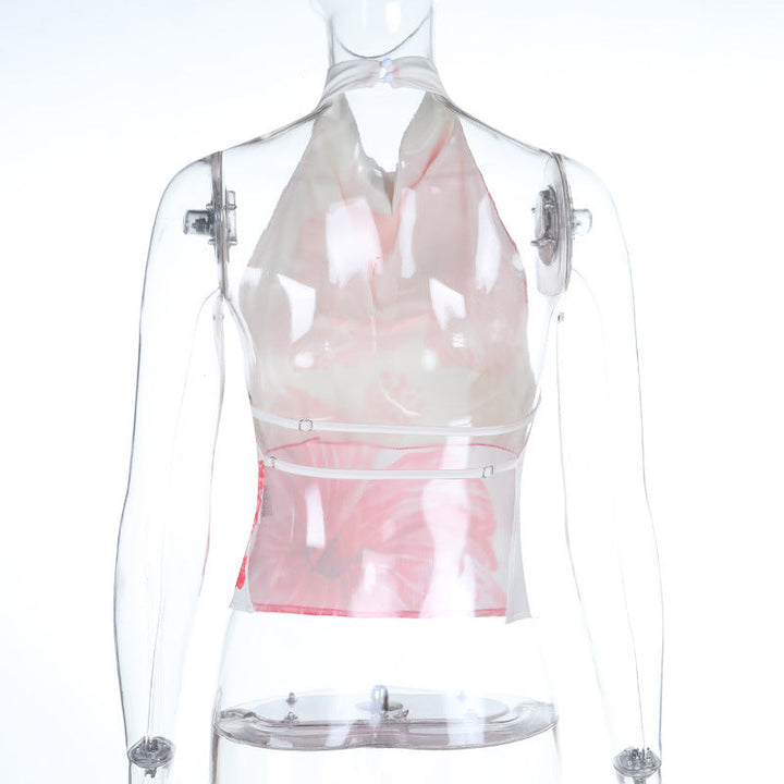 Button halter flower print backless satin top  | Festival Outfits Women