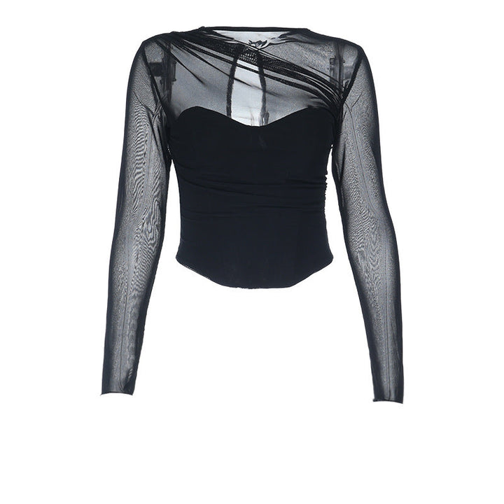 Long sleeve mesh zip-up crewneck solid top  | Festival Outfits Women