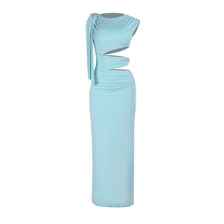 Crewneck hollow out irregular ruched cut out maxi dress  | Festival Outfits Women