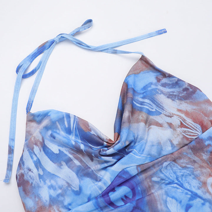 Ruffle slit print halter self tie cowl neck maxi dress  | Festival Outfits Women