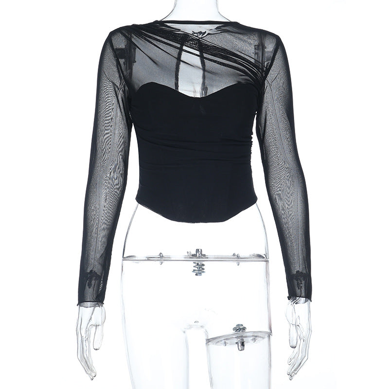 Long sleeve mesh zip-up crewneck solid top  | Festival Outfits Women