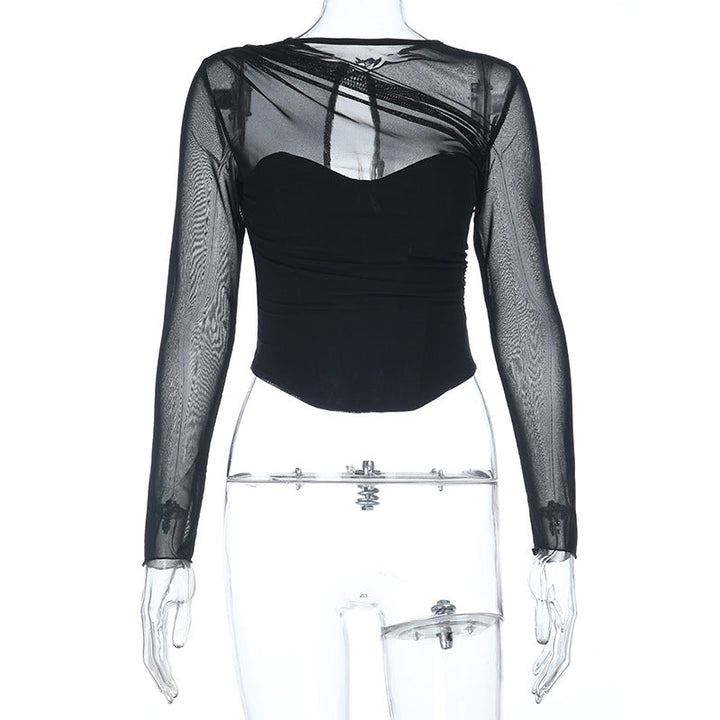 Long sleeve mesh zip-up crewneck solid top  | Festival Outfits Women